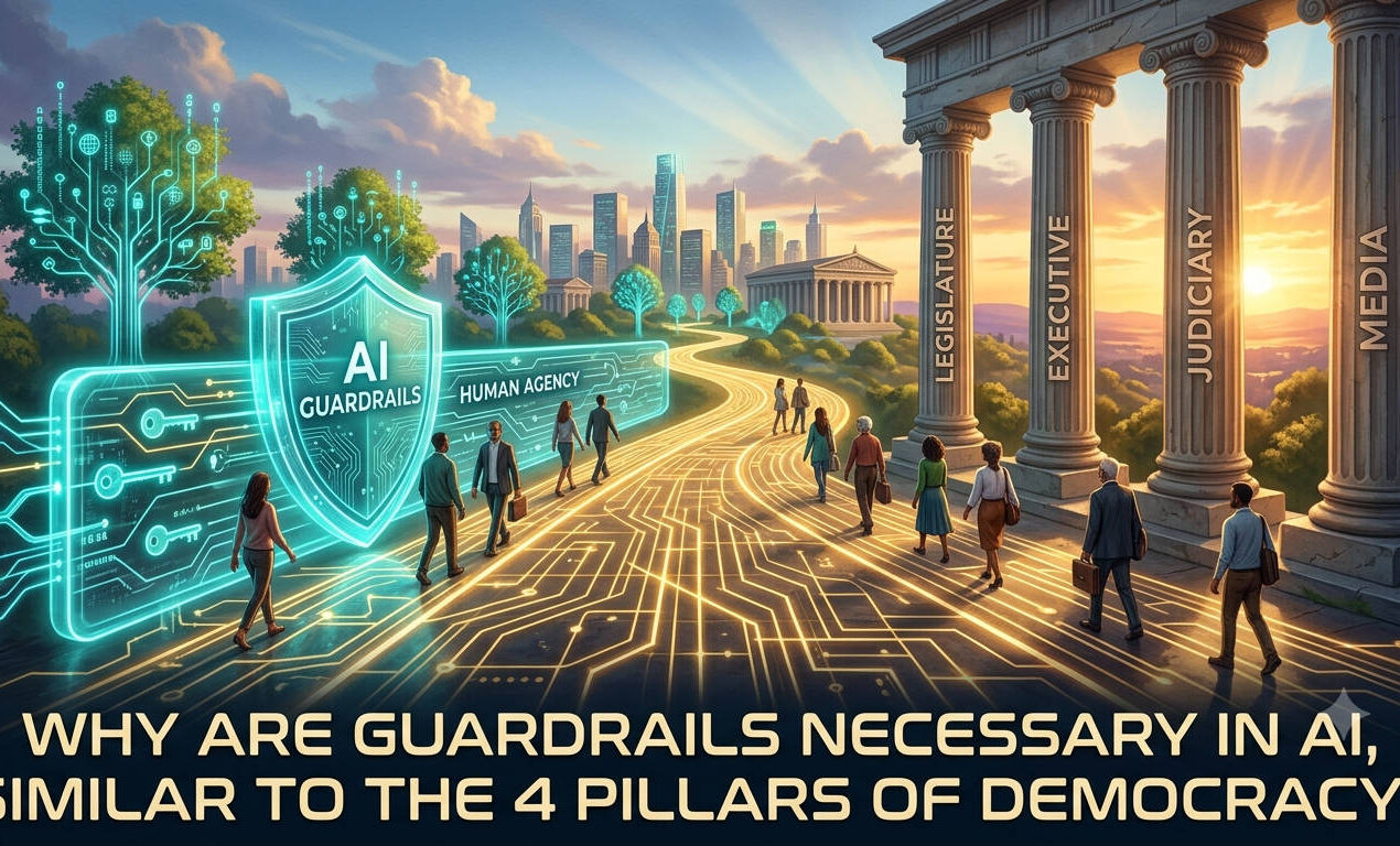 Why are guardrails necessary in AI, similar to the 4 pillars of democracy